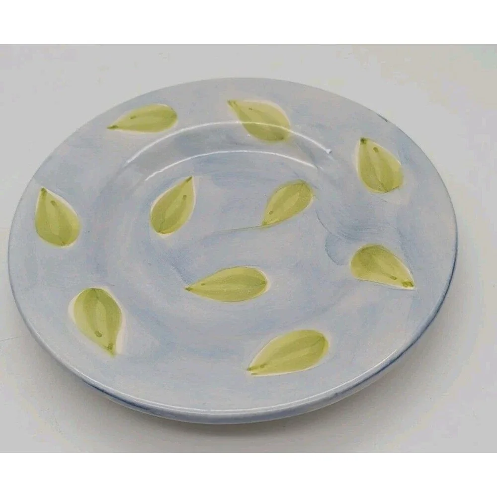 Pottery Barn Salad Lunch Plate Blue With Green Leaves Watercolor